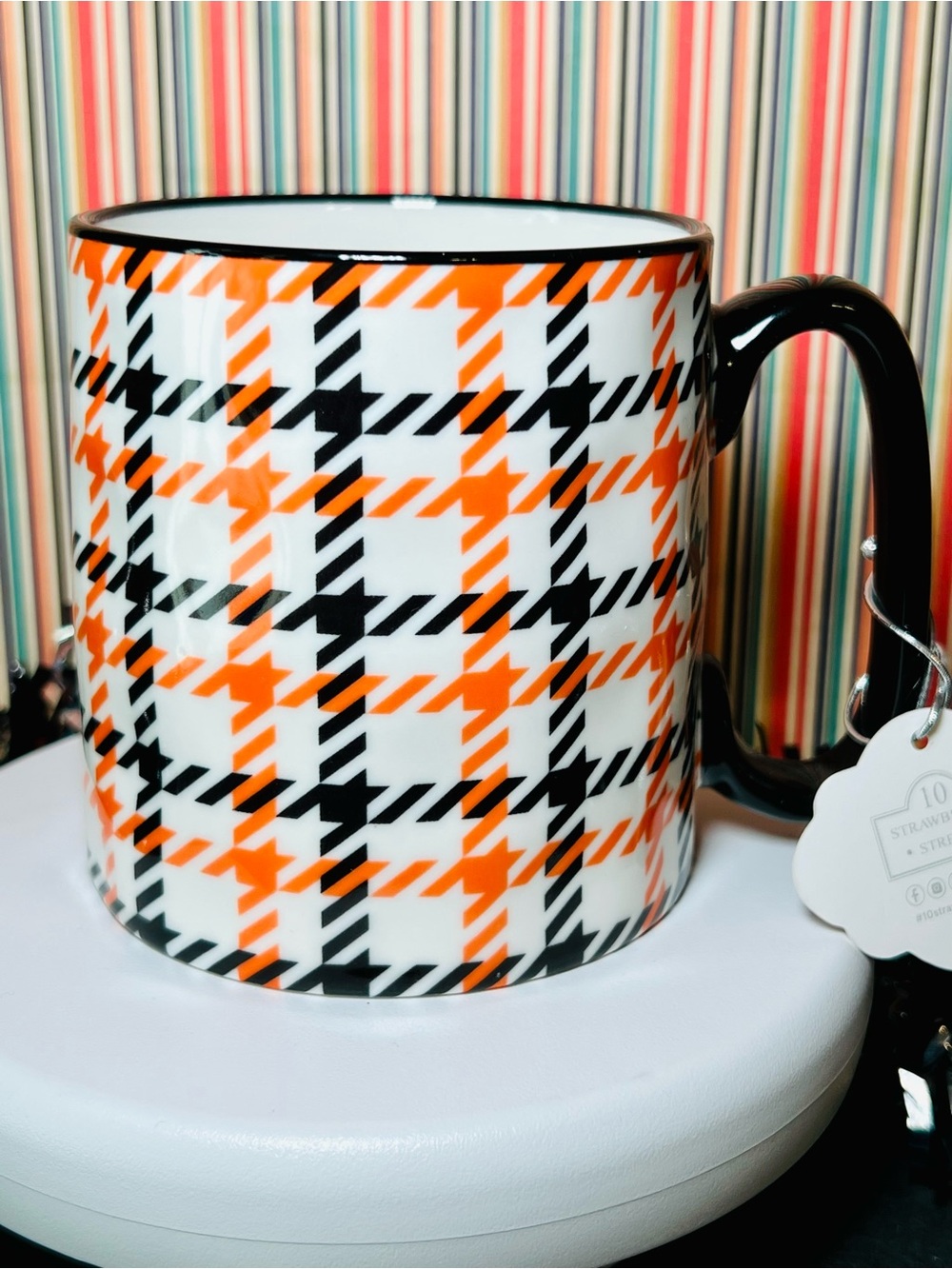 Black & Orange Plaid Ceramic Coffee Mug Harvest Halloween Cozy Drinks Pattern